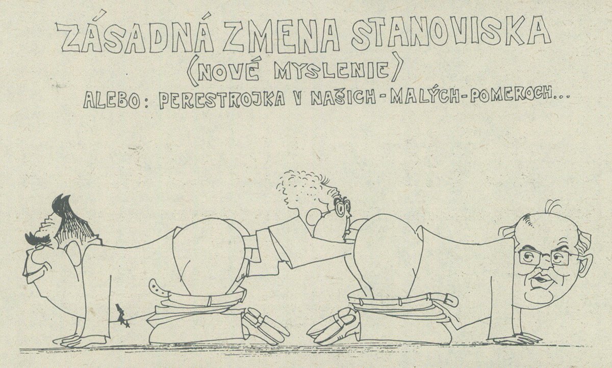 Perestrojka v našich pomeroch, karikatúra v časopise Zmena. 1989. Univerzitná knižnica v Bratislave